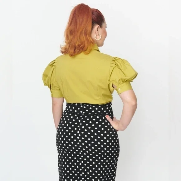 NWT 2X Avocado Green Rhinestone Collar Button Down Blouse Retro Unique Vintage - Picture 4 of 8